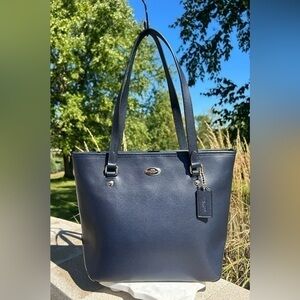 Coach Zip Top Tote F35204 Midnight Blue Crossgrain Leather